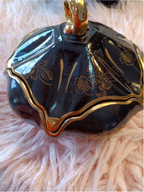 Vintage Black And Gold Candy Dish five footed dish with 5 prong lid gold flower